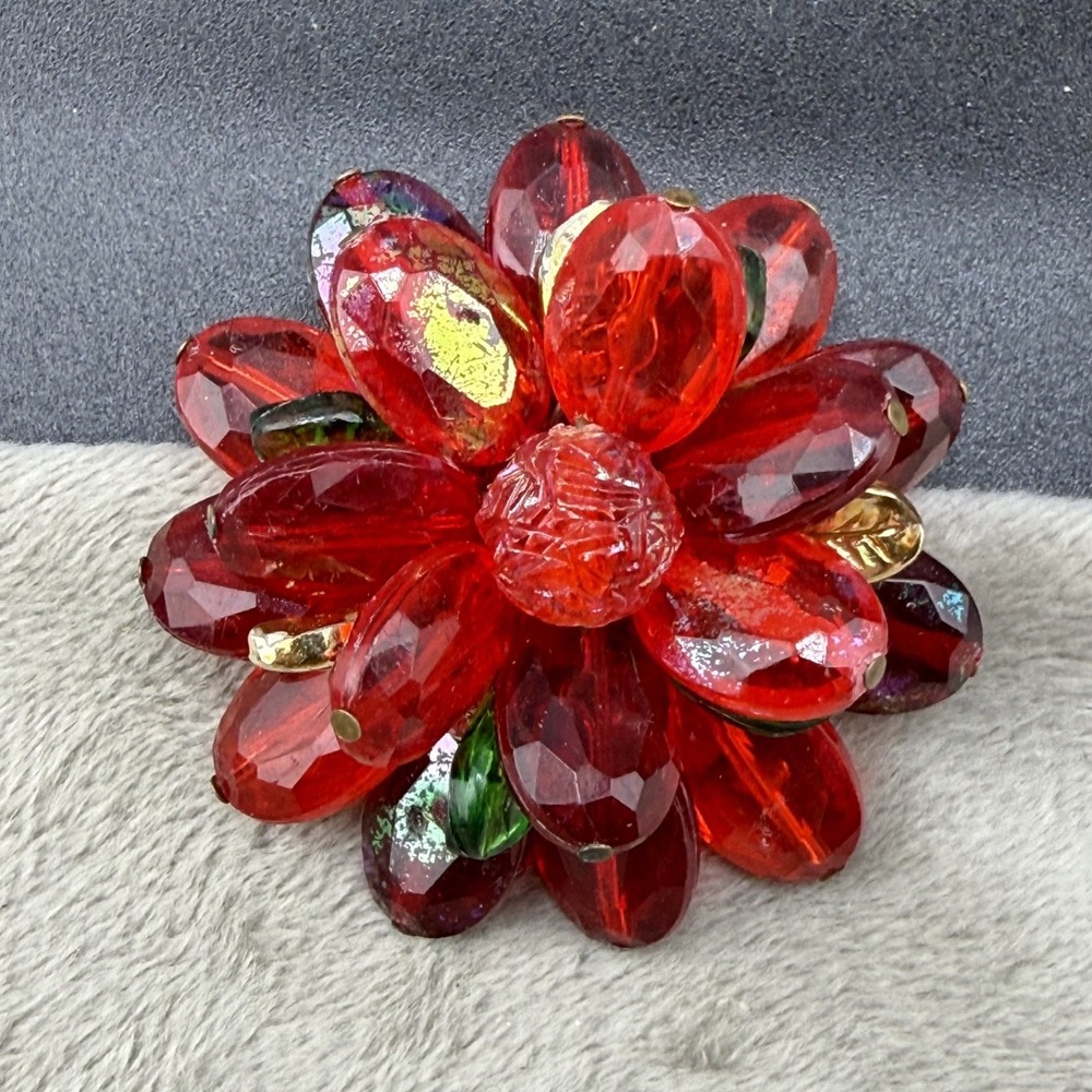 Vintage West Germany Brooch Red Faceted Glass Floral Cluster Gold Tone 1.75"